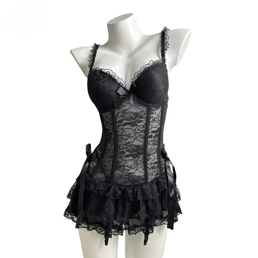 Black Corset Lingerie Dress Women Sexy Overbust Push Up Corset Lace Fishbone Corset Transparent Bustier Clubwear Lingeries 2025