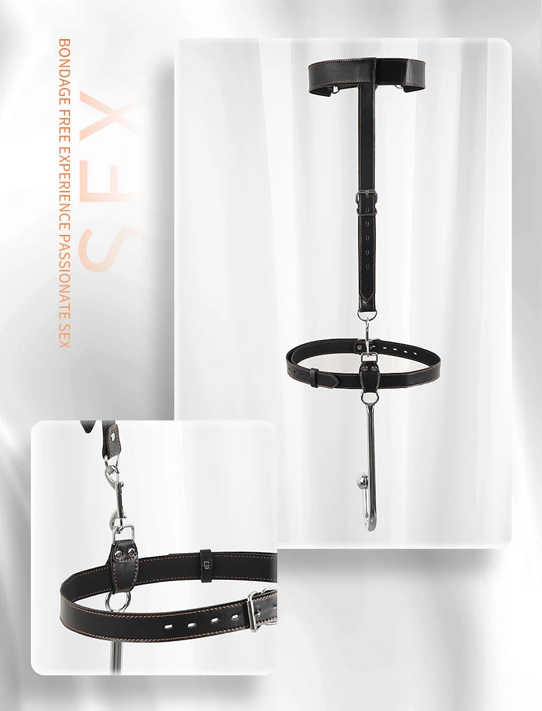 BDSM anal hook leather set, sex assist position, metal hook restraint, belt mouth plug handcuffs, adult sex toys