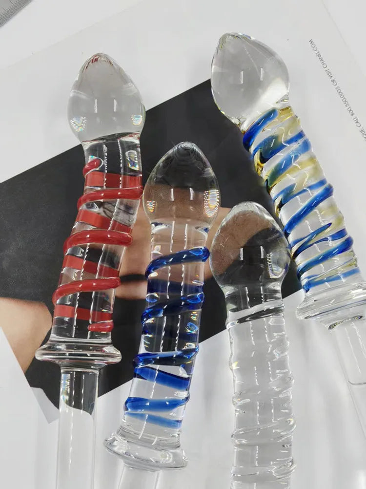 Adult sexual products, red and blue striped long handled glass dildo, female masturbation sex toys