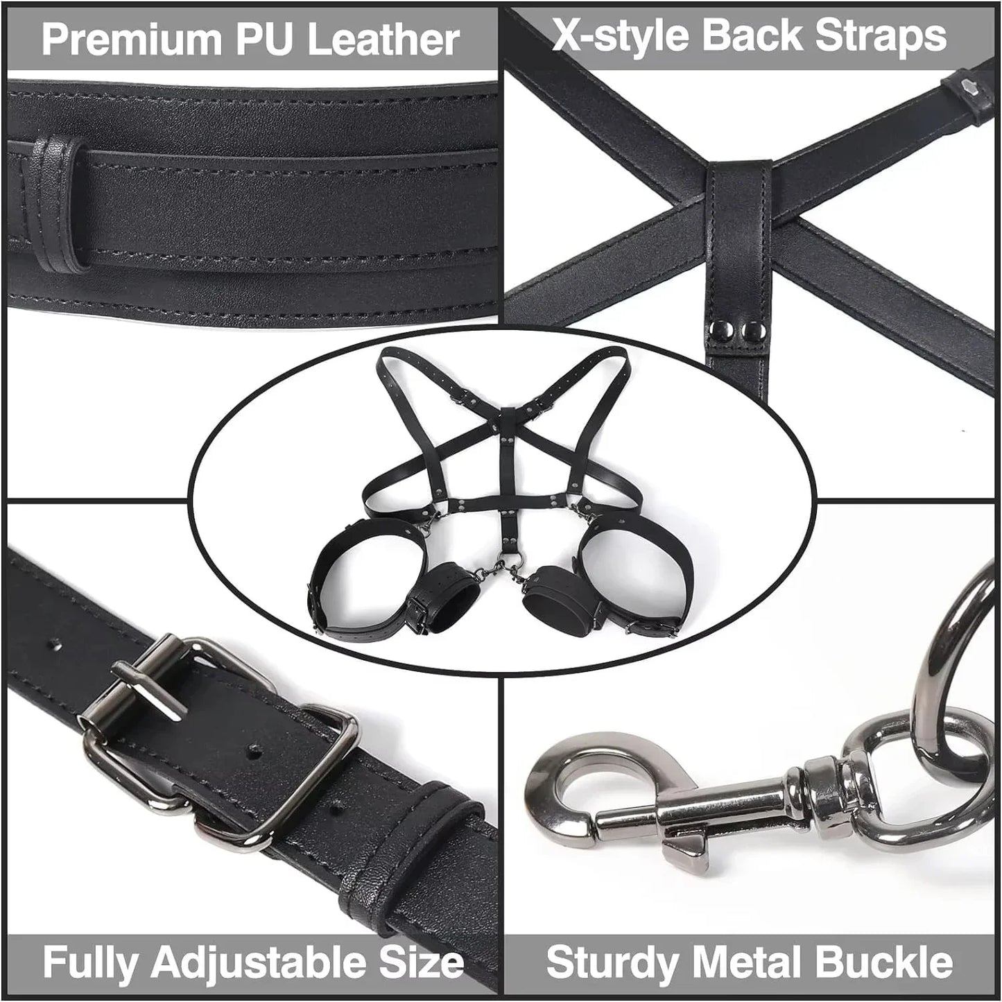 2025 NEW BDSM Sex Bondage Restraints Kit 3 in 1 Leather Thigh Sling Breasts Belt Behind Back Handcuffs Open Legs SM Slave Fetish