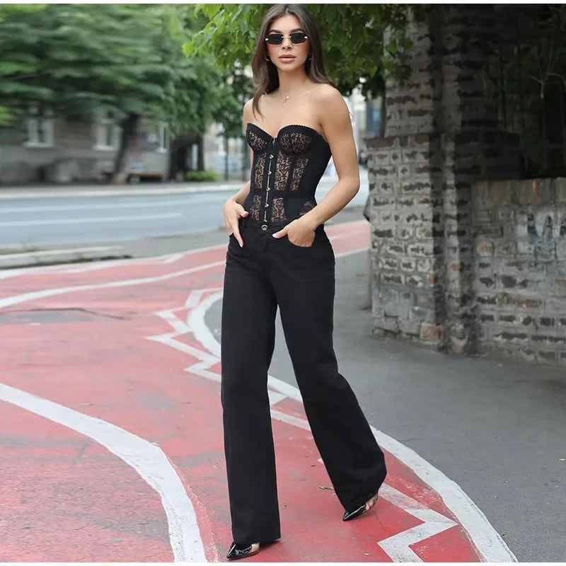 Women's Steel Boned Corset With Front Buttons And Back Lacing Lace Mesh Strapless Top Sexy Gothic Fashion Club Wear