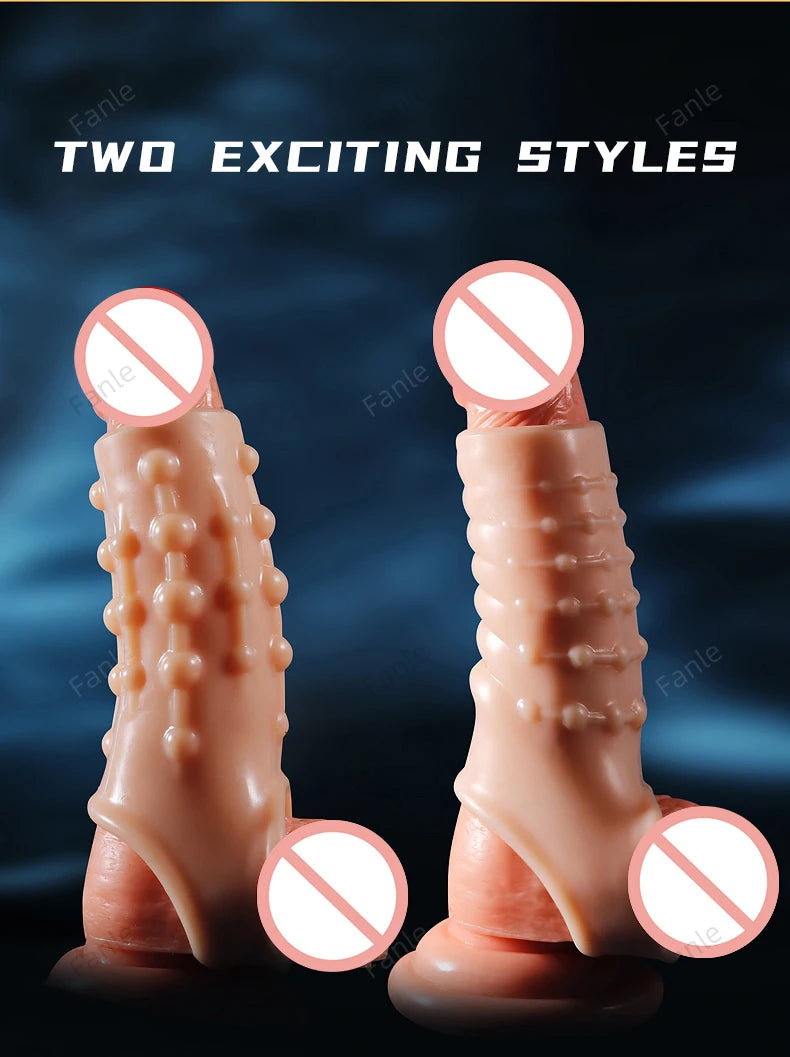 2PCS Reusable Penis Enlargement Sleeves Realistic Textured Cock Ring Sex Toy Enlarger Condom Soft Penis Sleeve for Men Couples