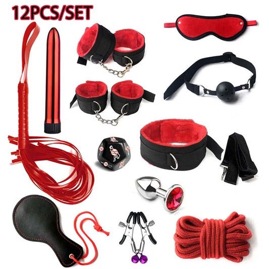 BDSM Kits Sex Bondage Set Handcuffs Gag Whip Nipple Clamps Erotic Sex Toys for Women Couples Adult Sex Shop Anal Butt Plug Tail