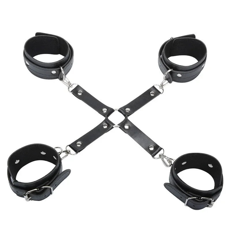 BDSM Sex Bondage Restraint System, erotic Leather Handcuffs and Ankle Cuffs Restraint Kit,Adult game sex Toys For women Couple