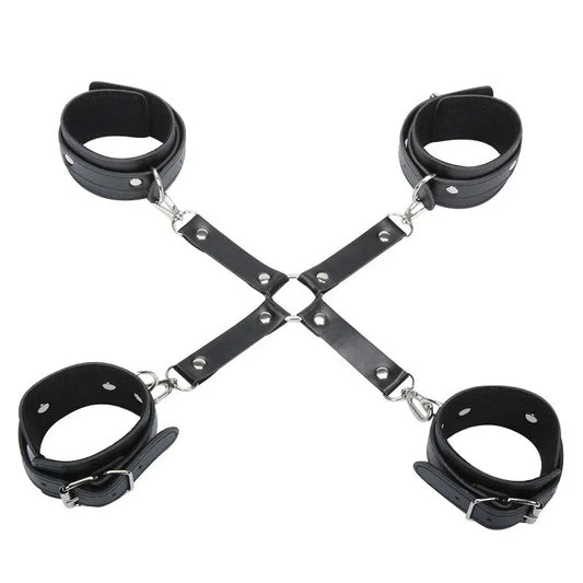 BDSM Sex Bondage Restraint System, erotic Leather Handcuffs and Ankle Cuffs Restraint Kit,Adult game sex Toys For women Couple