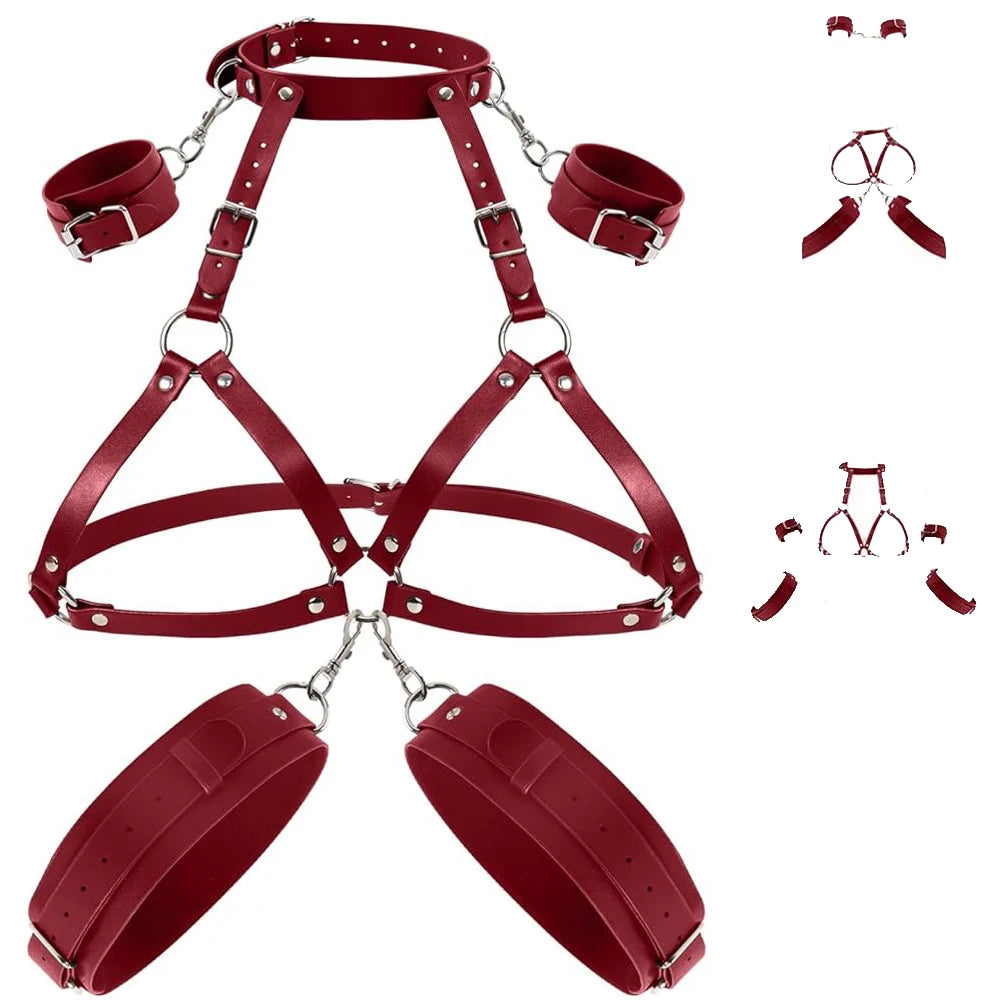 BDSM Body Restraint Neck Collar Handcuffs Bra Lift Up Leg Cuffs Sex Toy Set SM Slave Porn Games Erotic Bondage Gear Sex Product