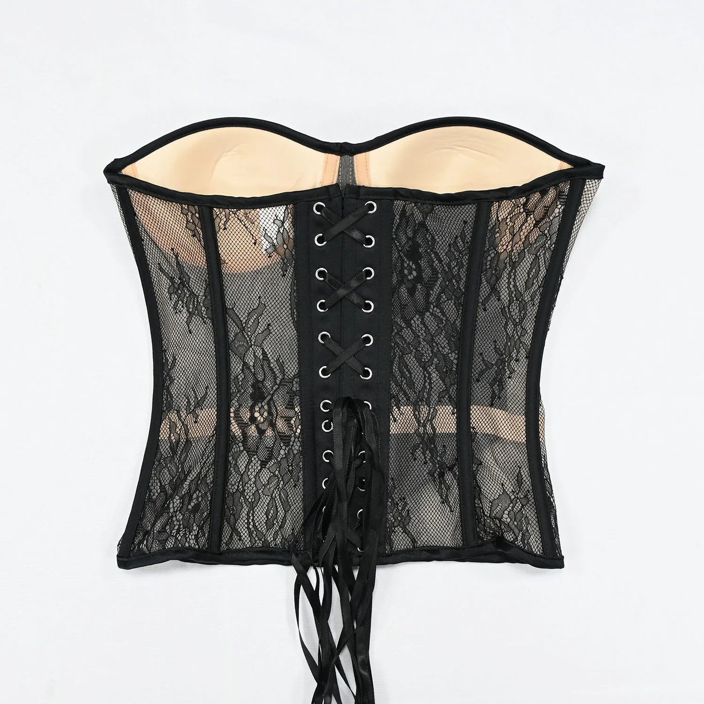 Steel Bone Korset Woman Hollow Out Strapless Lace Bra Bustier Top Mesh Women Lingerie Black White Biege Corset