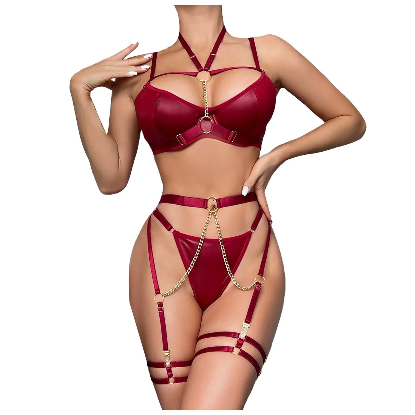 Women's PU Leather Waist Cincher & Chain Lingerie Set