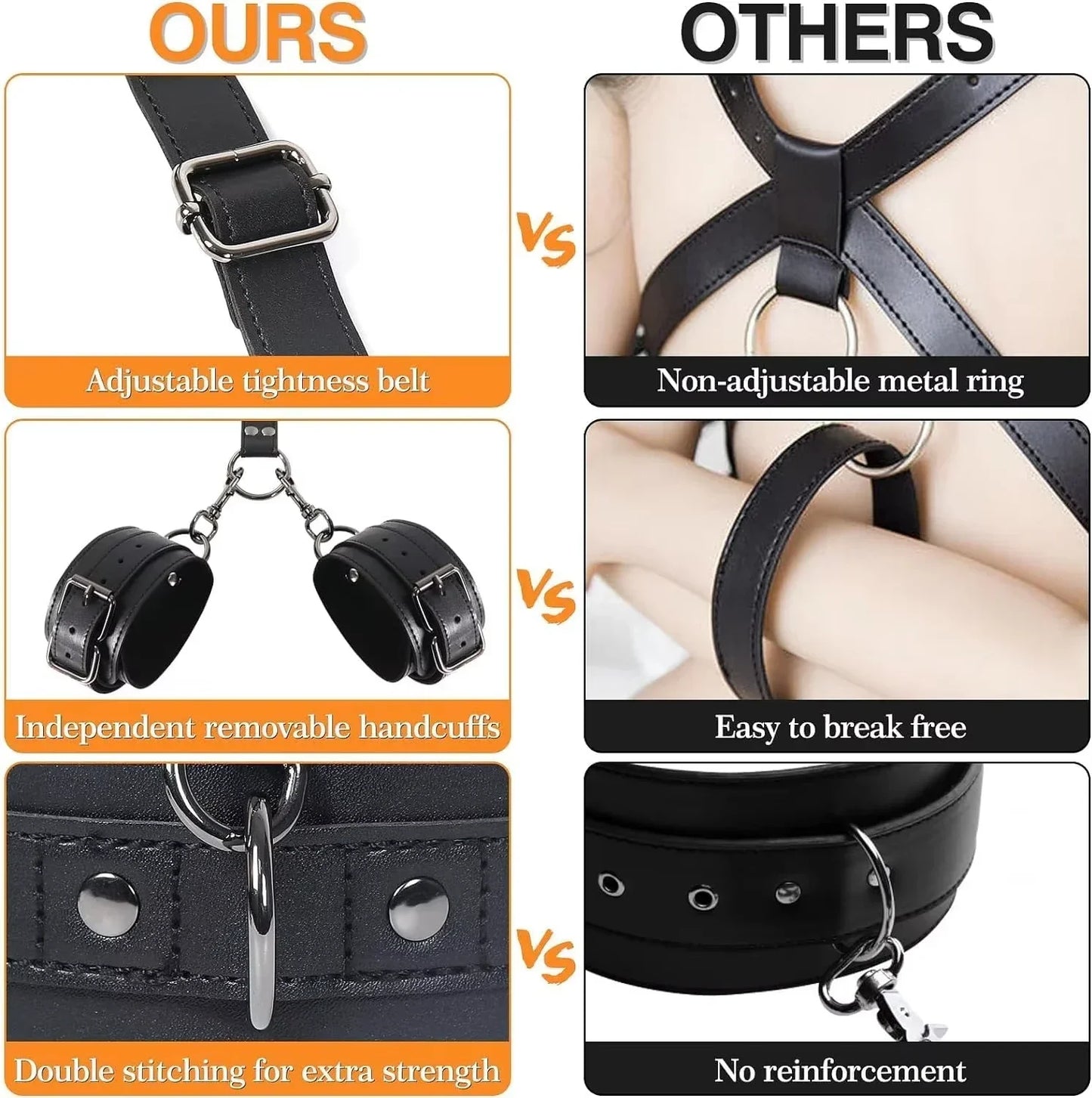2025 NEW BDSM Sex Bondage Restraints Kit 3 in 1 Leather Thigh Sling Breasts Belt Behind Back Handcuffs Open Legs SM Slave Fetish