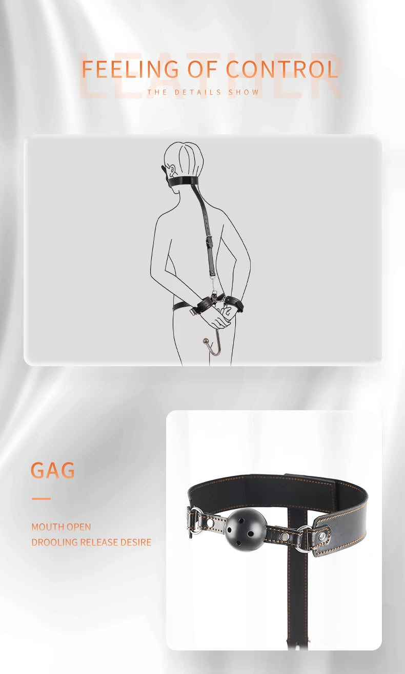 BDSM anal hook leather set, sex assist position, metal hook restraint, belt mouth plug handcuffs, adult sex toys