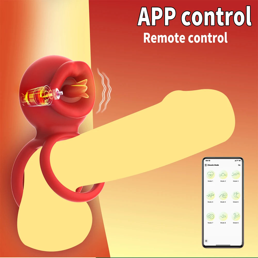 App Vibrating Penis Ring Vibrator with Sexy Licking Mouth G Spot Clitoral Stimulator Cock Rings Couples Adult Sex Toys for Men