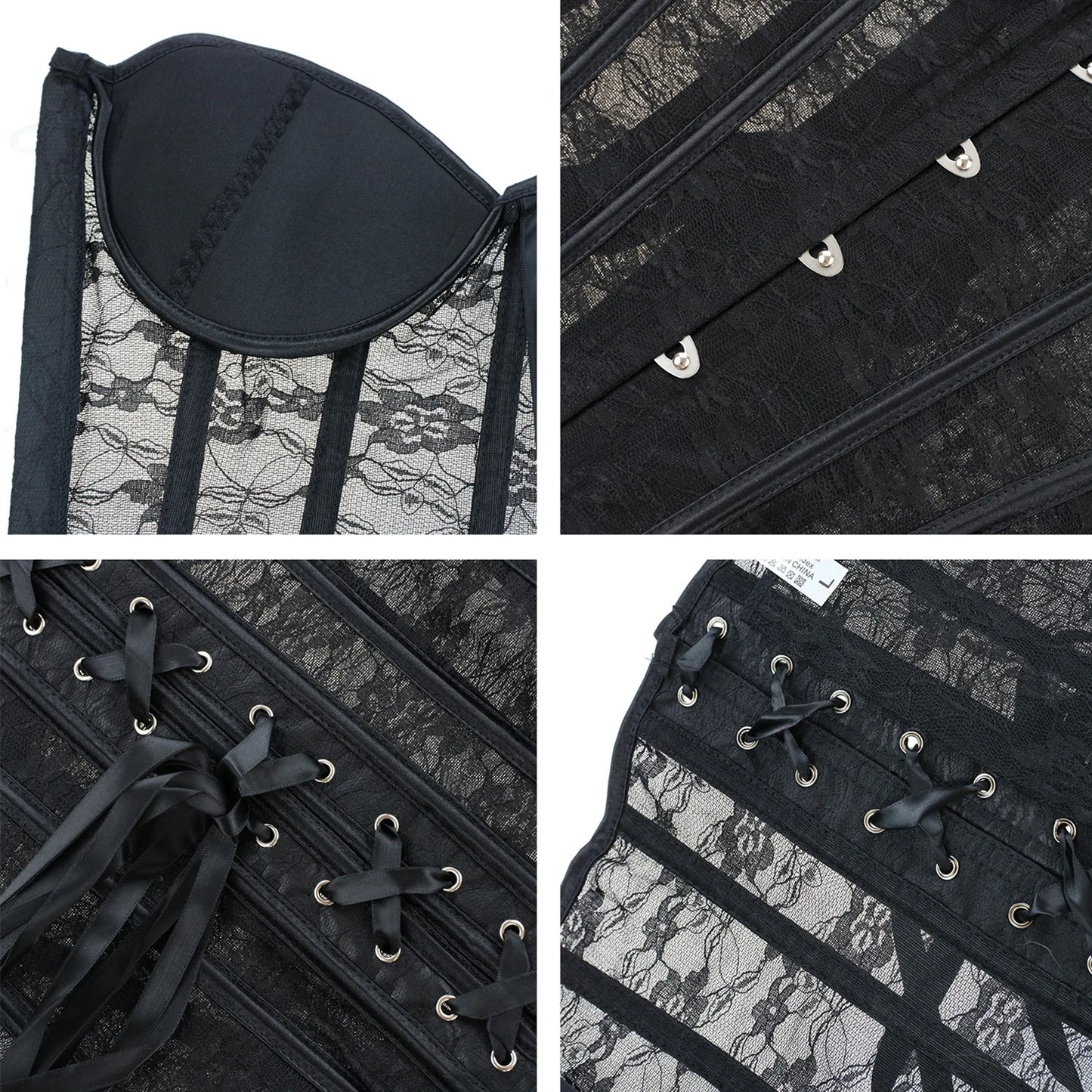 Women's Steel Boned Corset With Front Buttons And Back Lacing Lace Mesh Strapless Top Sexy Gothic Fashion Club Wear