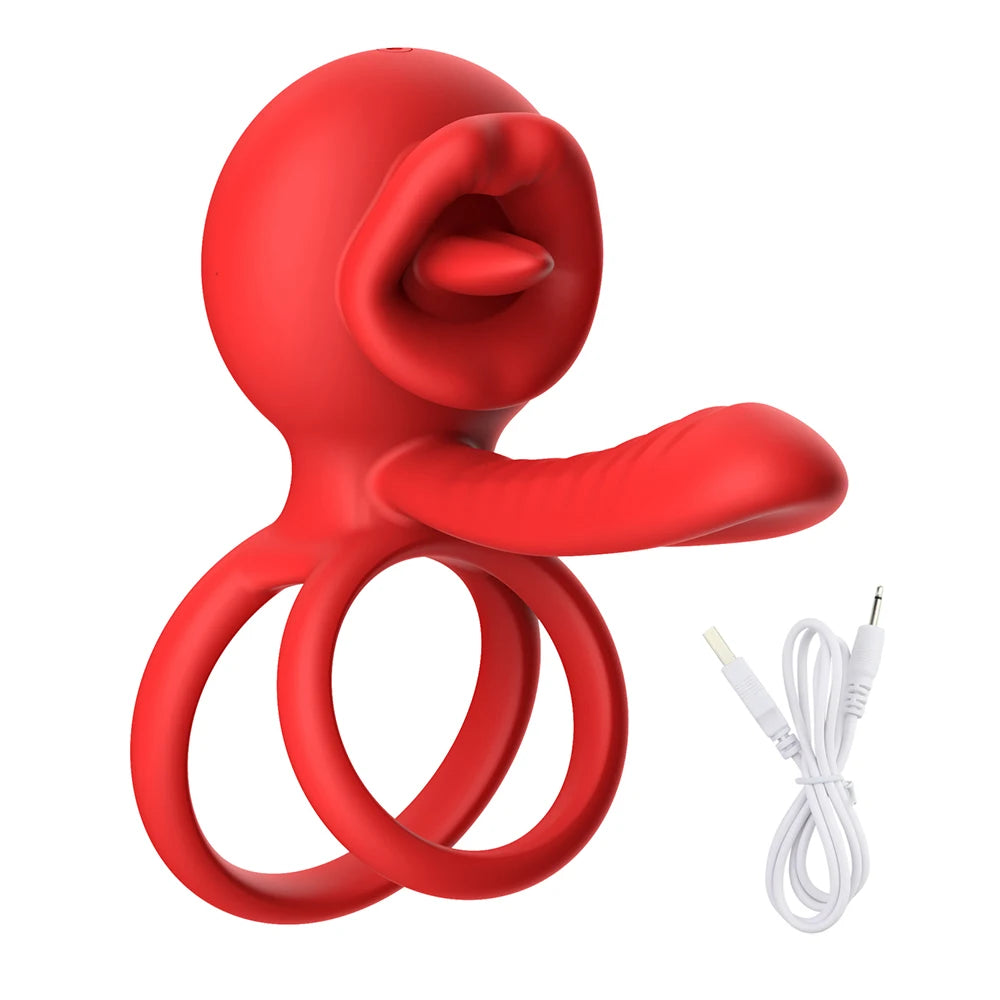 App Vibrating Penis Ring Vibrator with Sexy Licking Mouth G Spot Clitoral Stimulator Cock Rings Couples Adult Sex Toys for Men