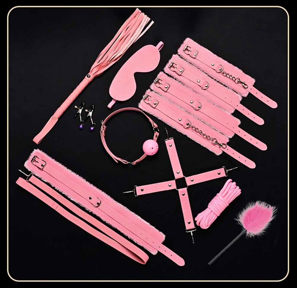 BDSM Bondage Restraint Kit 10 Pieces Drawstrings Collars Eye Masks Mouth Balls Whips Cotton Ropes Nipple Clamps Rope for Couple