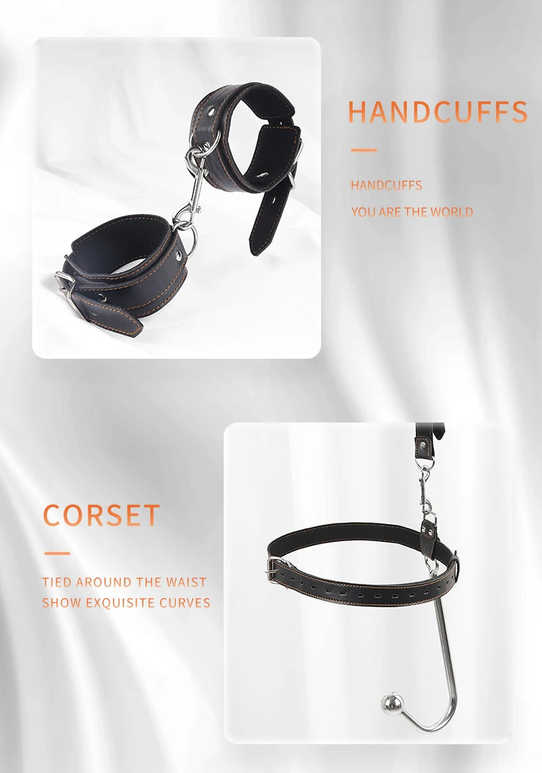 BDSM anal hook leather set, sex assist position, metal hook restraint, belt mouth plug handcuffs, adult sex toys