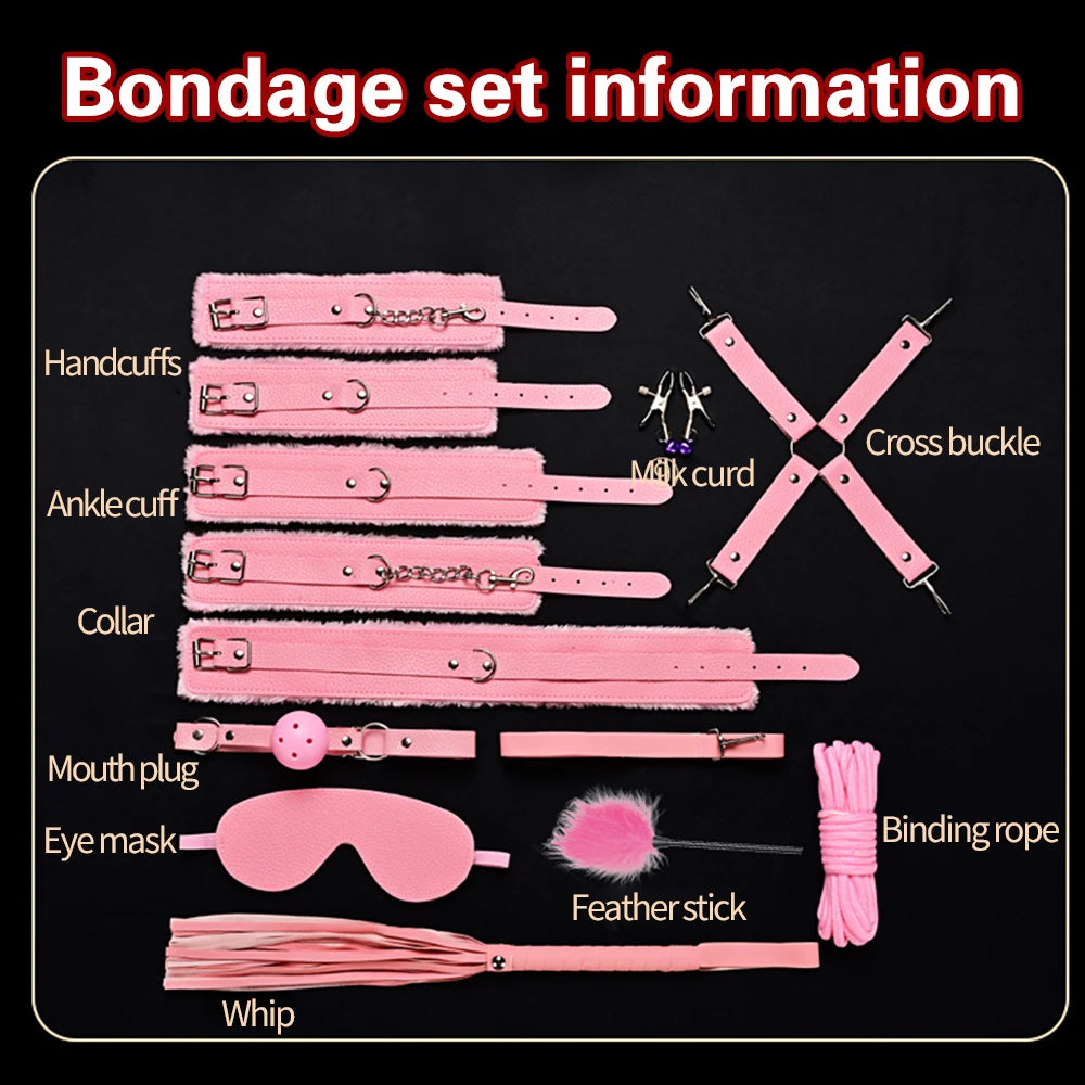 BDSM Bondage Restraint Kit 10 Pieces Drawstrings Collars Eye Masks Mouth Balls Whips Cotton Ropes Nipple Clamps Rope for Couple