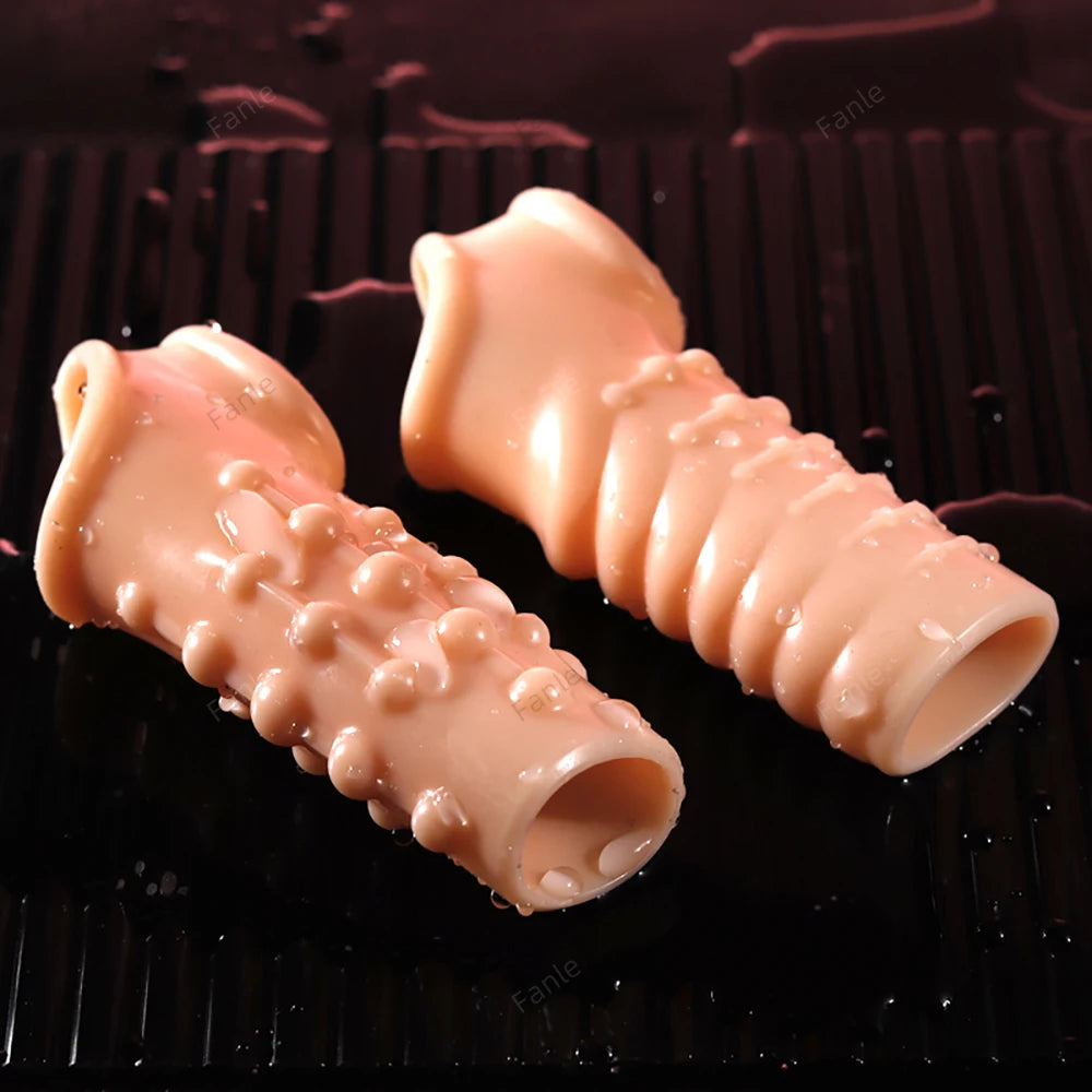 2PCS Reusable Penis Enlargement Sleeves Realistic Textured Cock Ring Sex Toy Enlarger Condom Soft Penis Sleeve for Men Couples