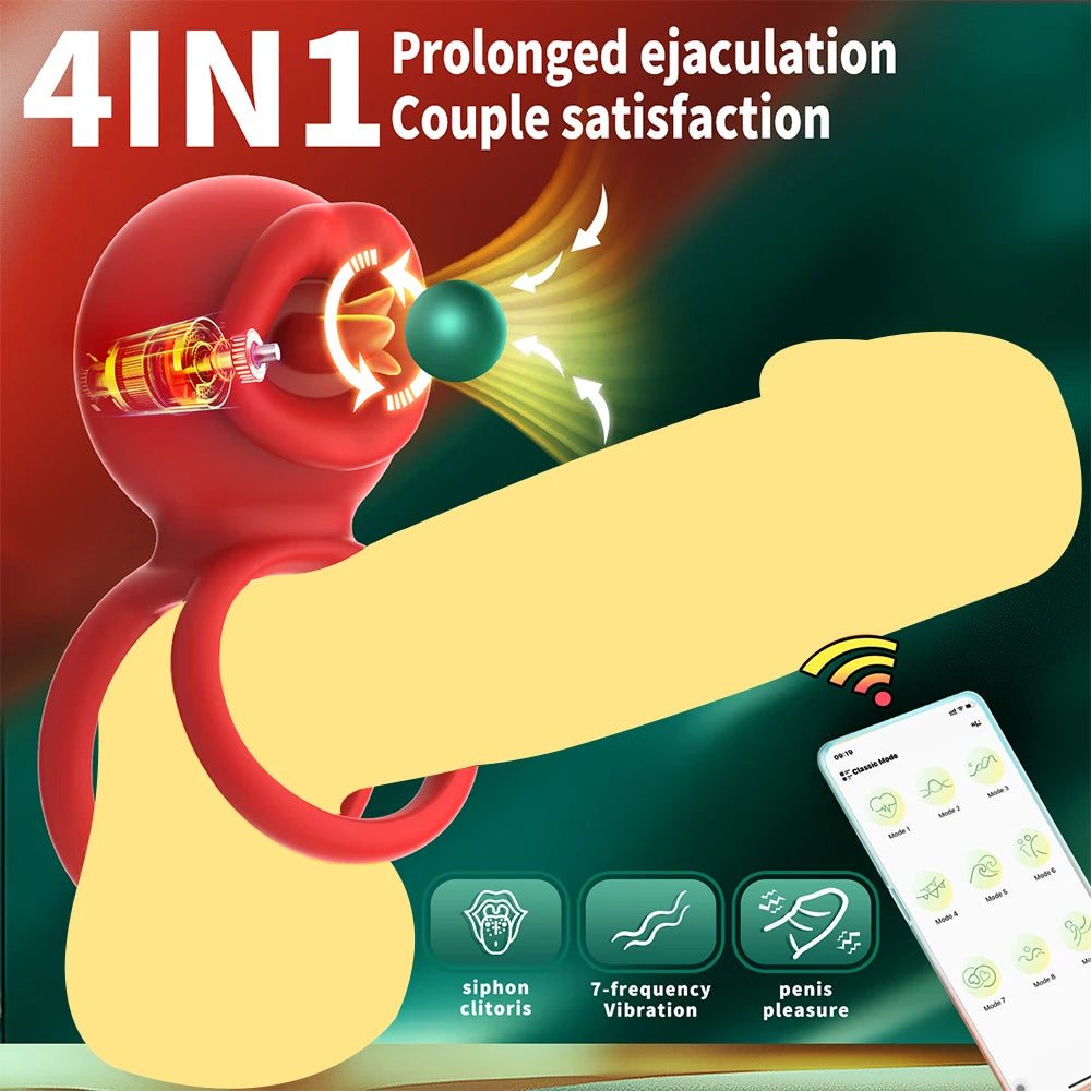 App Vibrating Penis Ring Vibrator with Sexy Licking Mouth G Spot Clitoral Stimulator Cock Rings Couples Adult Sex Toys for Men