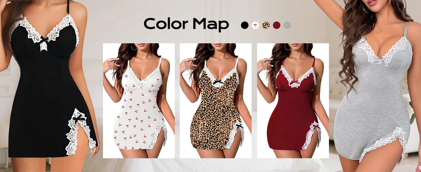Lingerie for Women Sexy Night Gowns Lace Trim Sleep Dress V Neck Babydoll Chemise Dress Side Split Nighty