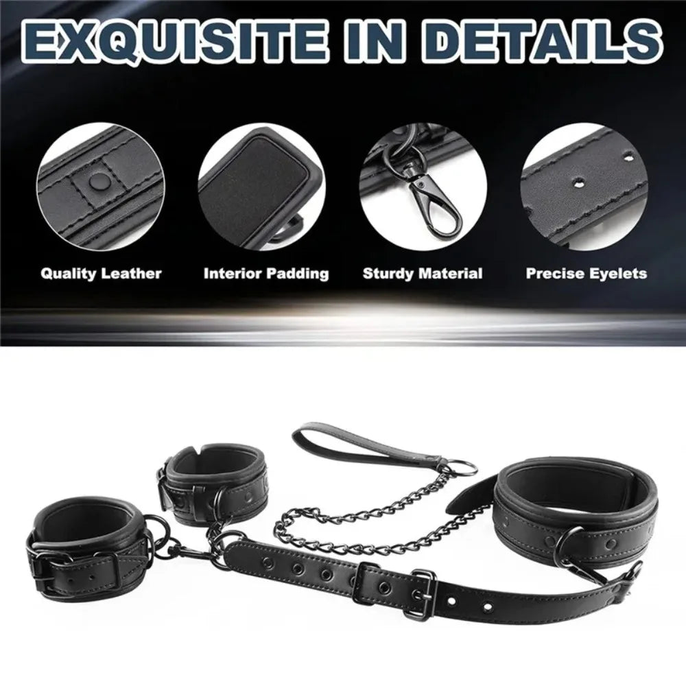 Neck-to-Wrist BDSM Bondage Restraints Kit – Couples Sex Toys with Chain Leash, Handcuffs & Collar for Slave Role Play