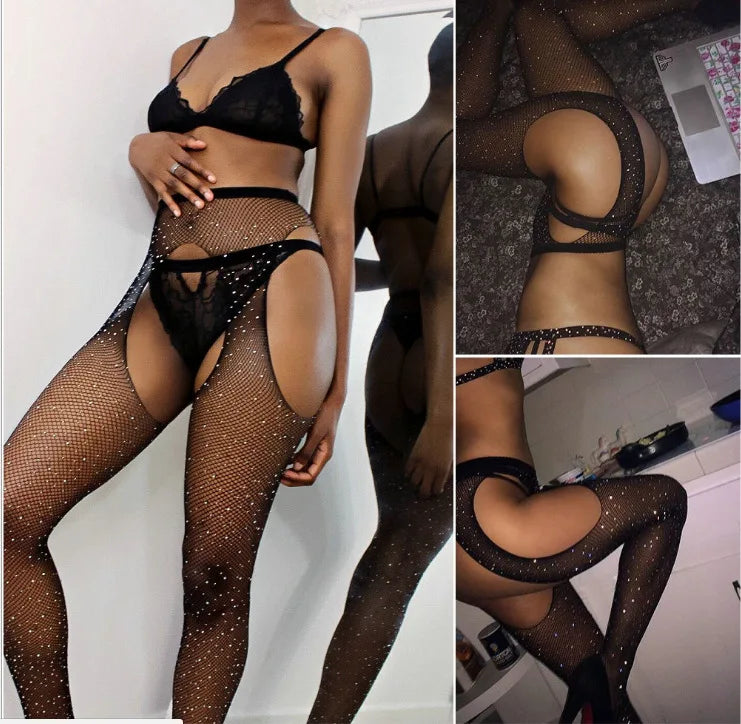 Lingerie Sexy Open Bare Crotch Netting Pantyhose with Rhinestone Women Black Crotchless Mesh Fishnet Nylon Stocking Hosiery