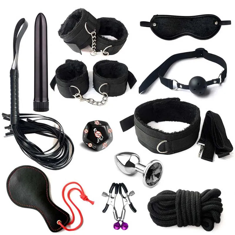 BDSM Kits Sex Bondage Set Handcuffs Gag Whip Nipple Clamps Erotic Sex Toys for Women Couples Adult Sex Shop Anal Butt Plug Tail