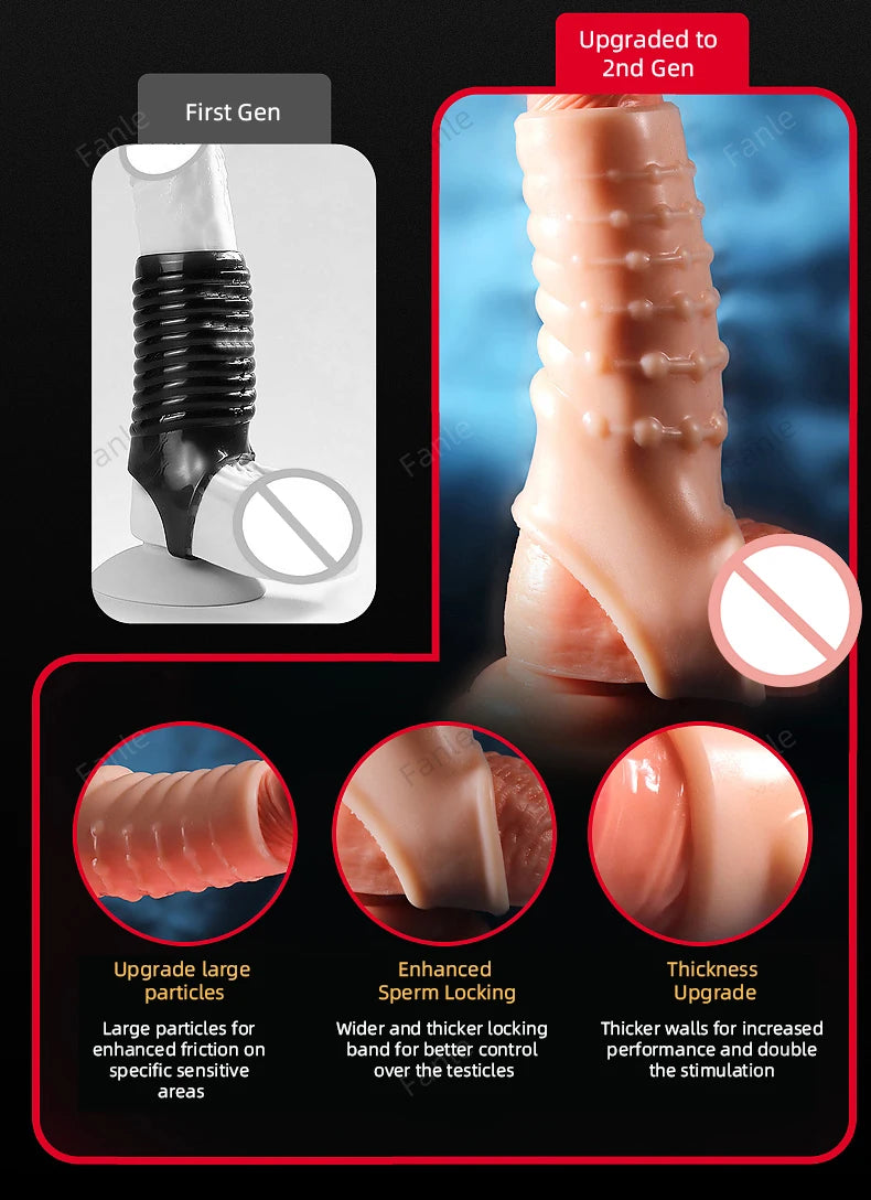 2PCS Reusable Penis Enlargement Sleeves Realistic Textured Cock Ring Sex Toy Enlarger Condom Soft Penis Sleeve for Men Couples