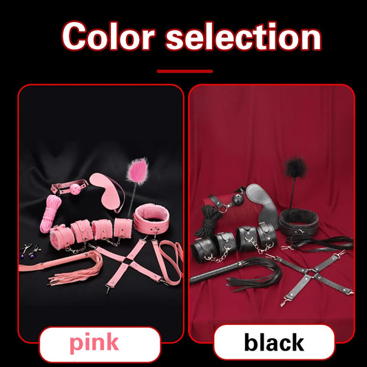 BDSM Bondage Restraint Kit 10 Pieces Drawstrings Collars Eye Masks Mouth Balls Whips Cotton Ropes Nipple Clamps Rope for Couple