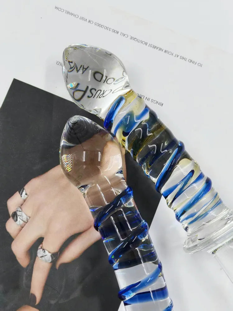 Adult sexual products, red and blue striped long handled glass dildo, female masturbation sex toys
