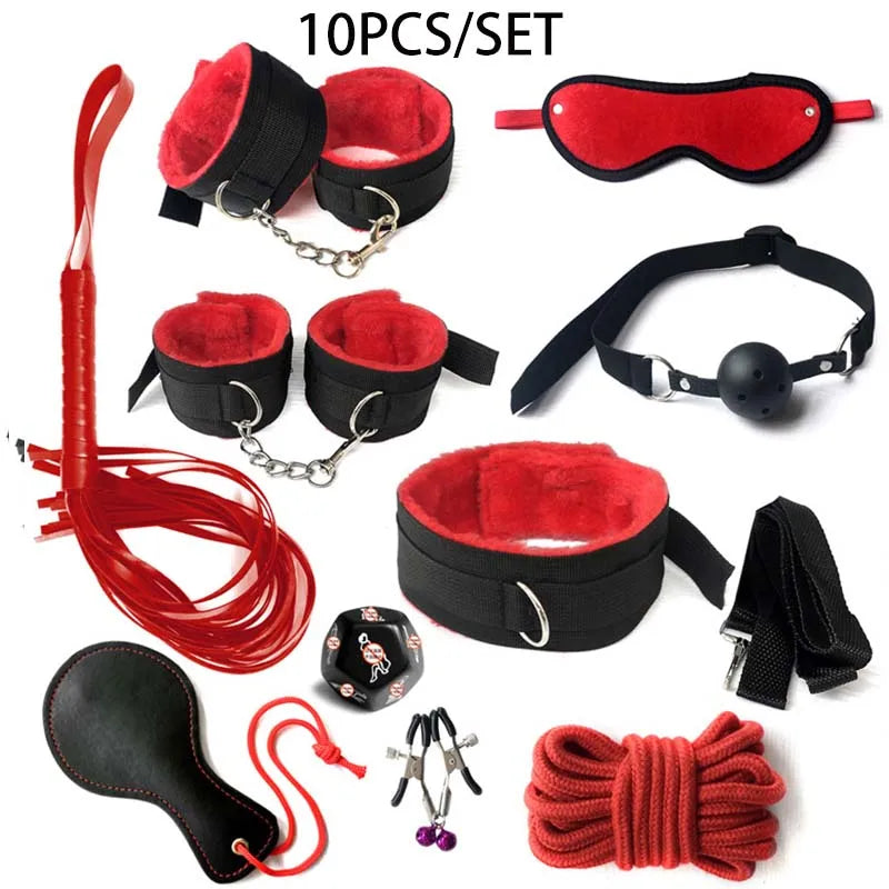 BDSM Kits Sex Bondage Set Handcuffs Gag Whip Nipple Clamps Erotic Sex Toys for Women Couples Adult Sex Shop Anal Butt Plug Tail