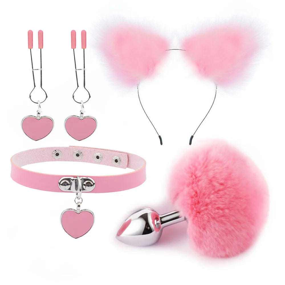 Anal Sex Toys Fox Tail Butt Plug Sexy Plush Cat Ear Headband With Bells Necklace Set Massage Sex toys For Women Couples Cosplay