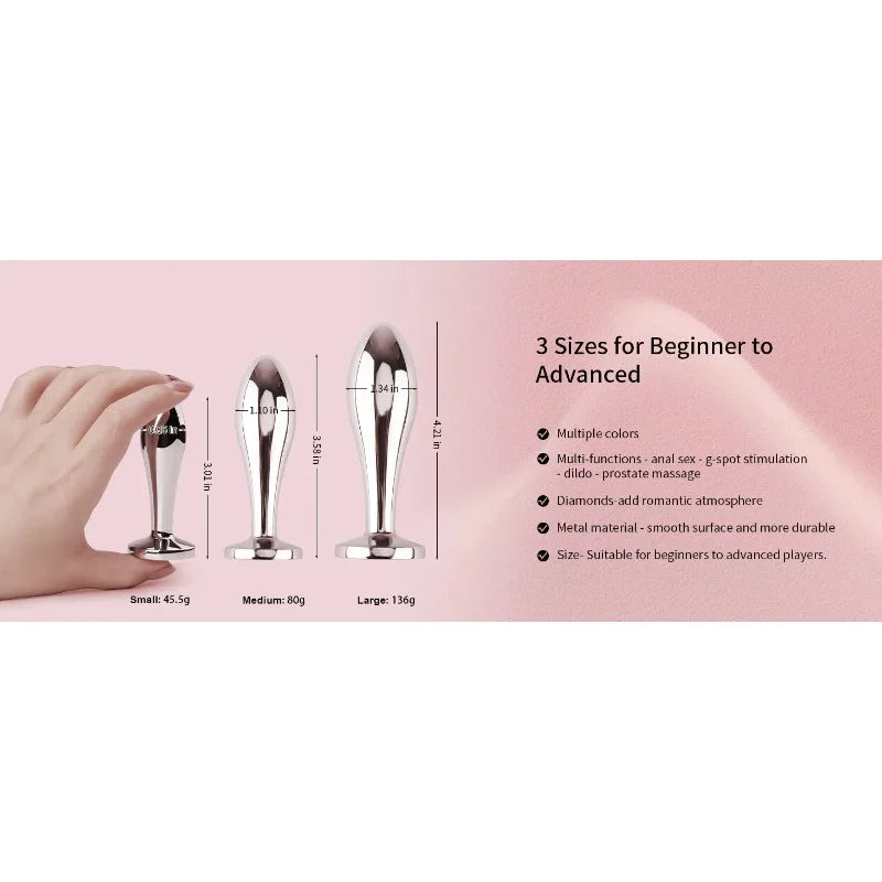 Anal Butt Plug 3Pcs Set Safety Metal Anal Butt Plug Sex Toys with Crystal Diamond Beginner Anal Toys for Adult Unisex Adult Toys