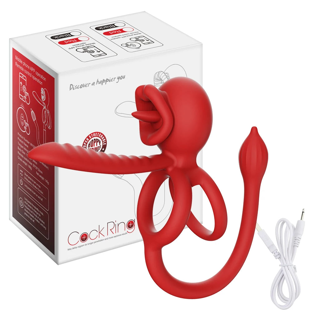 App Vibrating Penis Ring Vibrator with Sexy Licking Mouth G Spot Clitoral Stimulator Cock Rings Couples Adult Sex Toys for Men