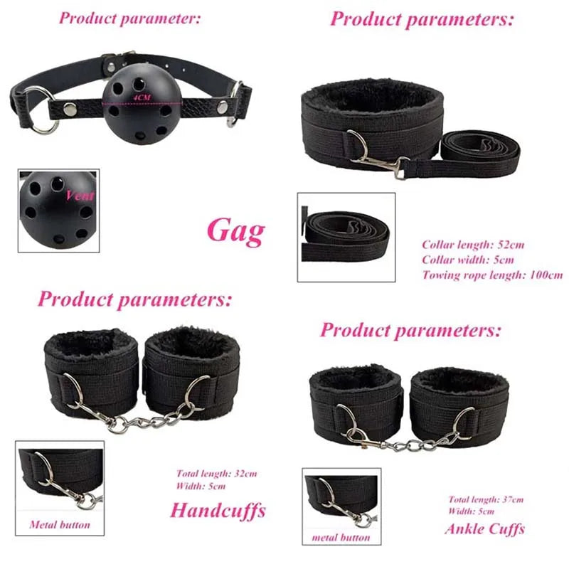 BDSM Kits Sex Bondage Set Handcuffs Gag Whip Nipple Clamps Erotic Sex Toys for Women Couples Adult Sex Shop Anal Butt Plug Tail