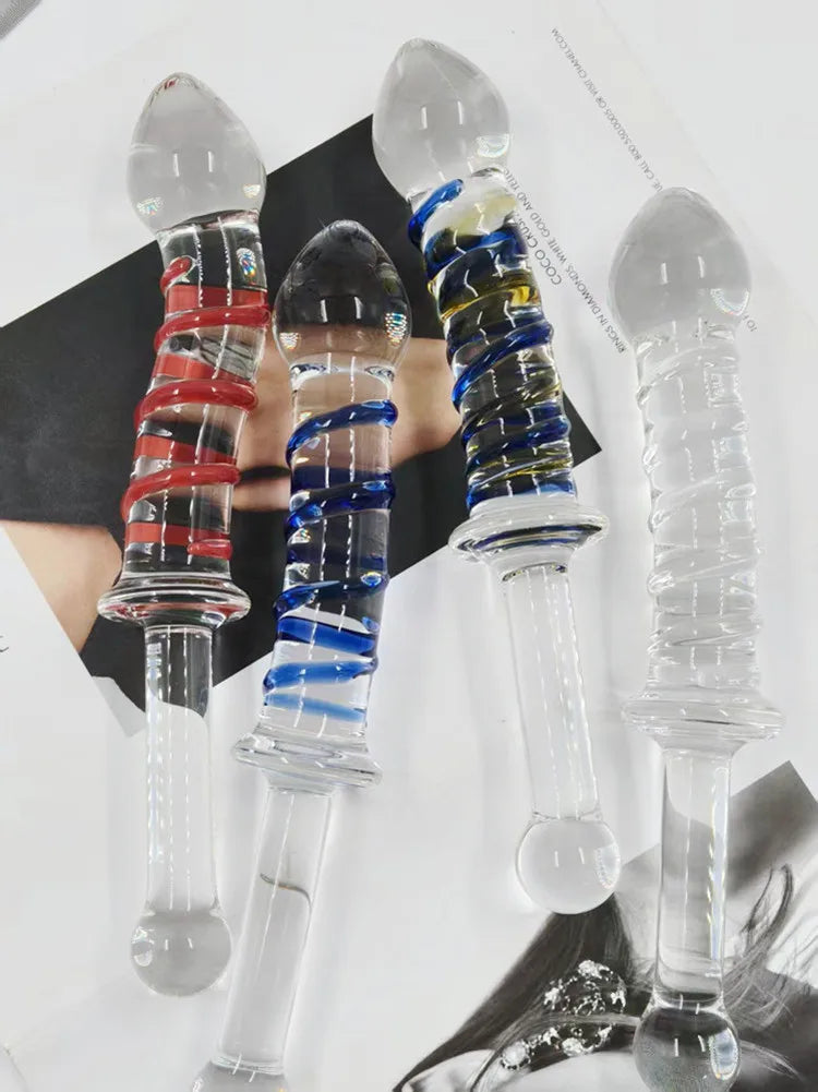 Adult sexual products, red and blue striped long handled glass dildo, female masturbation sex toys