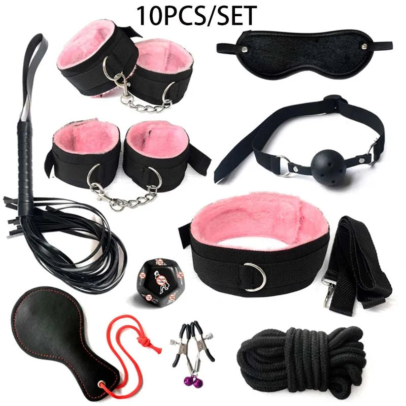BDSM Kits Sex Bondage Set Handcuffs Gag Whip Nipple Clamps Erotic Sex Toys for Women Couples Adult Sex Shop Anal Butt Plug Tail
