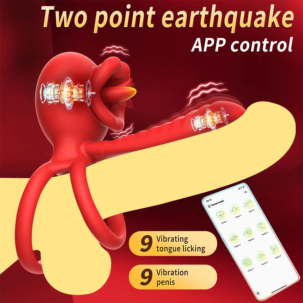 App Vibrating Penis Ring Vibrator with Sexy Licking Mouth G Spot Clitoral Stimulator Cock Rings Couples Adult Sex Toys for Men