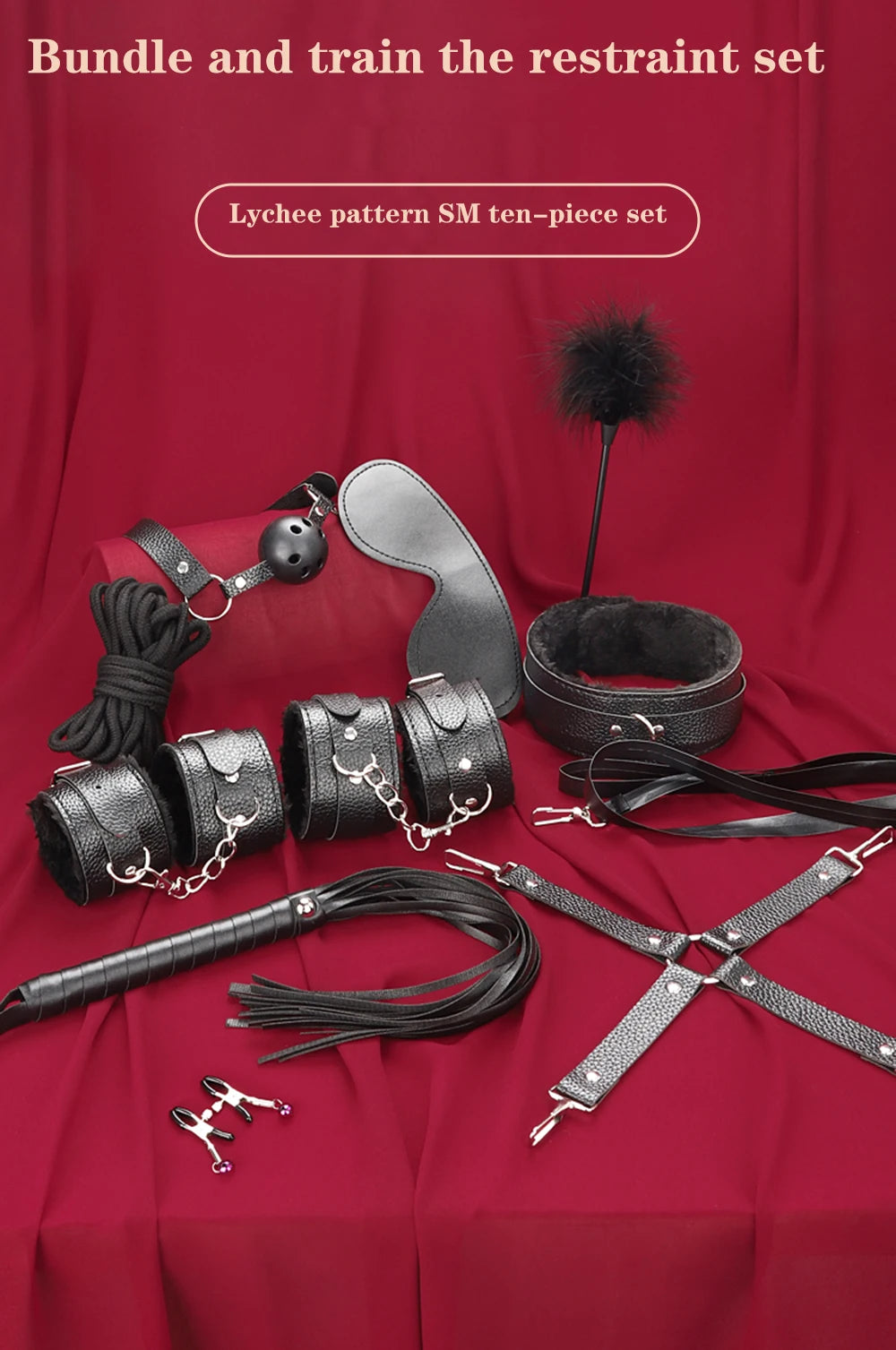 BDSM Bondage Restraint Kit 10 Pieces Drawstrings Collars Eye Masks Mouth Balls Whips Cotton Ropes Nipple Clamps Rope for Couple