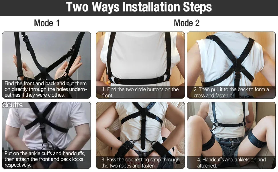 2025 NEW BDSM Sex Bondage Restraints Kit 3 in 1 Leather Thigh Sling Breasts Belt Behind Back Handcuffs Open Legs SM Slave Fetish