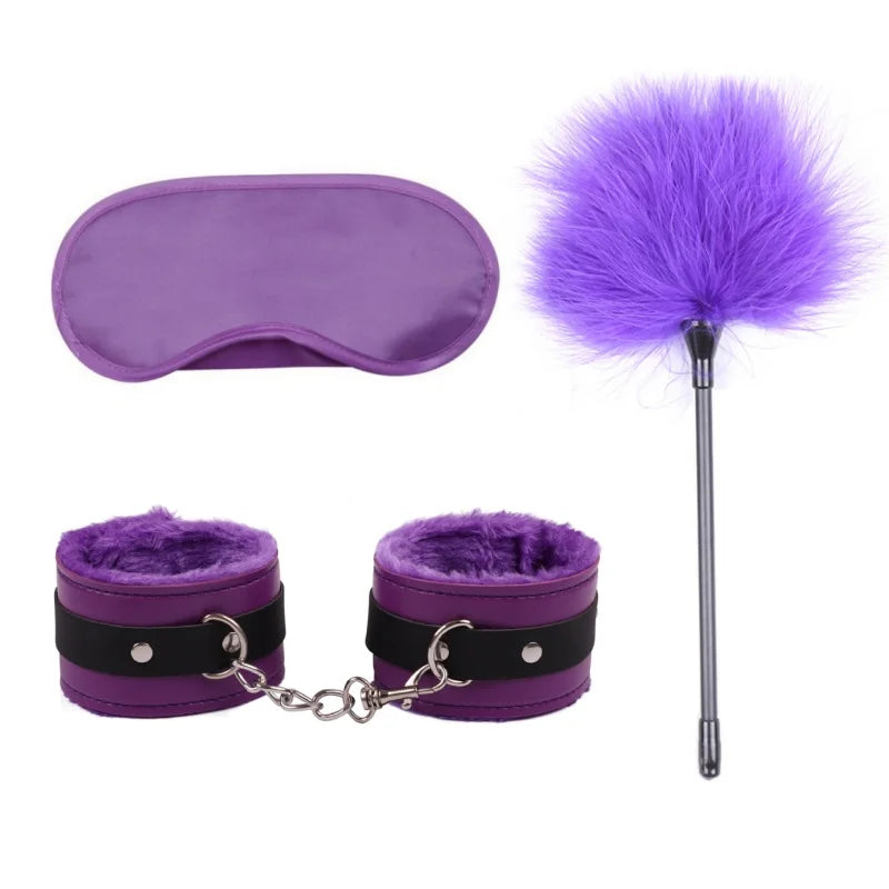 BDSM Set Sexy Leather Plush Erotic Handcuffs Flirt Feather Stick Bondage Kit Exotic Accessories Adult Games Sex Toys For Couples