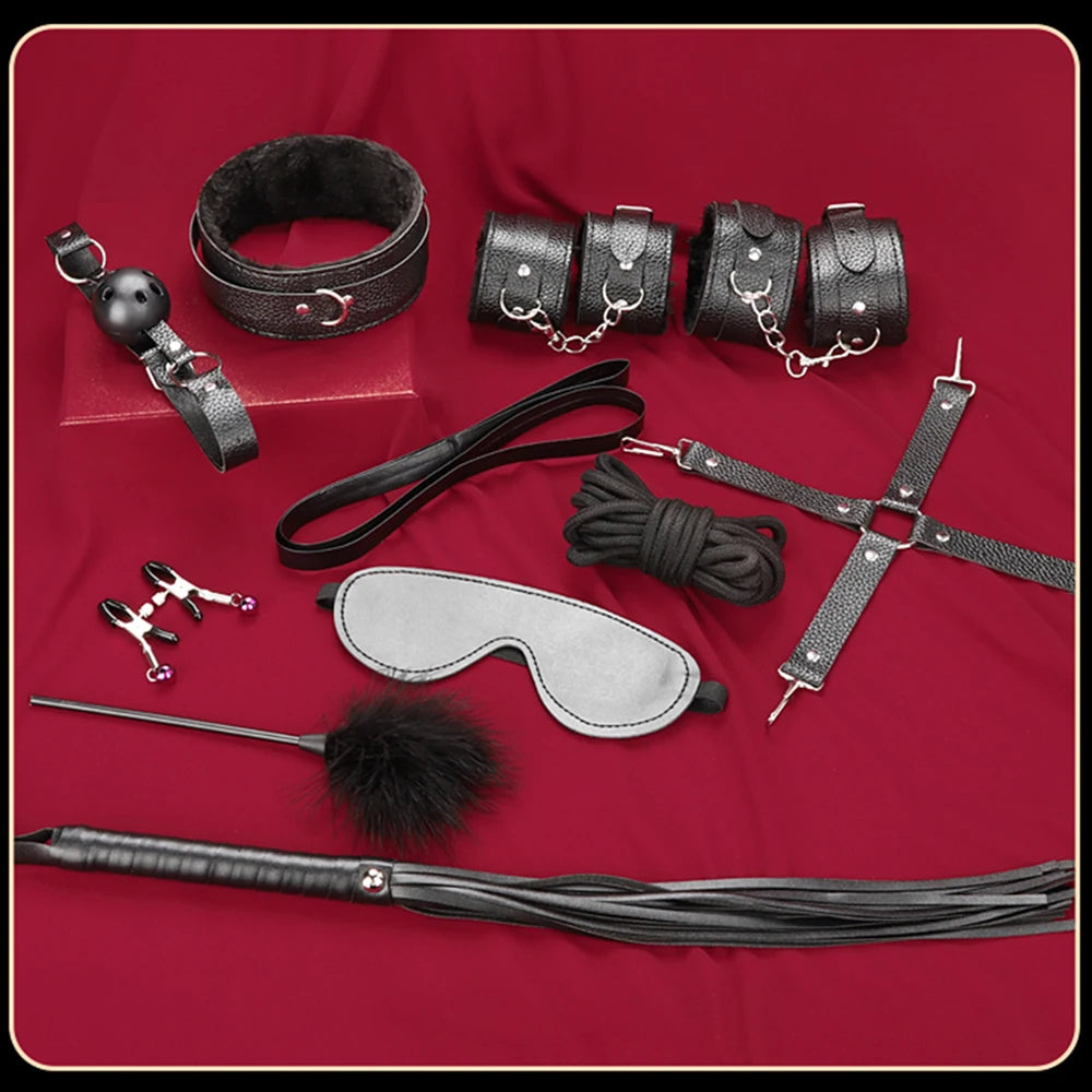 BDSM Bondage Restraint Kit 10 Pieces Drawstrings Collars Eye Masks Mouth Balls Whips Cotton Ropes Nipple Clamps Rope for Couple