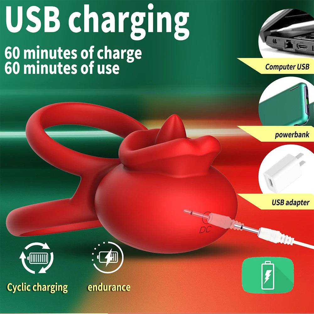 App Vibrating Penis Ring Vibrator with Sexy Licking Mouth G Spot Clitoral Stimulator Cock Rings Couples Adult Sex Toys for Men