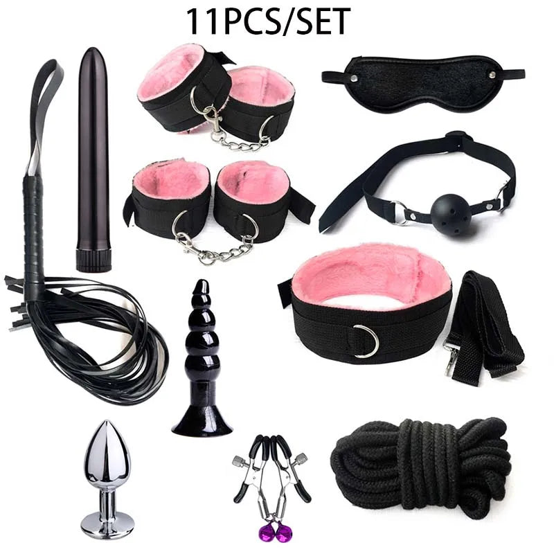 BDSM Kits Sex Bondage Set Handcuffs Gag Whip Nipple Clamps Erotic Sex Toys for Women Couples Adult Sex Shop Anal Butt Plug Tail