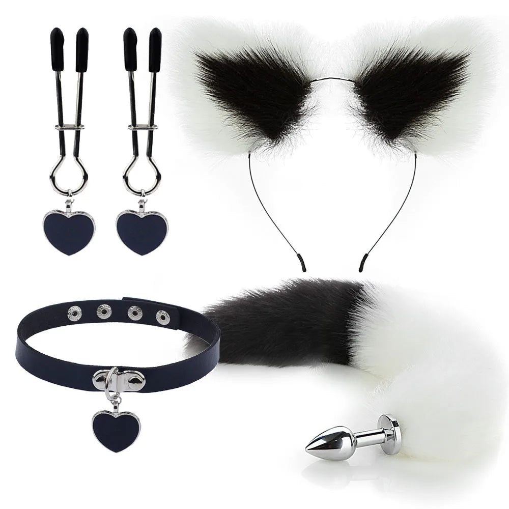 Anal Sex Toys Fox Tail Butt Plug Sexy Plush Cat Ear Headband With Bells Necklace Set Massage Sex toys For Women Couples Cosplay
