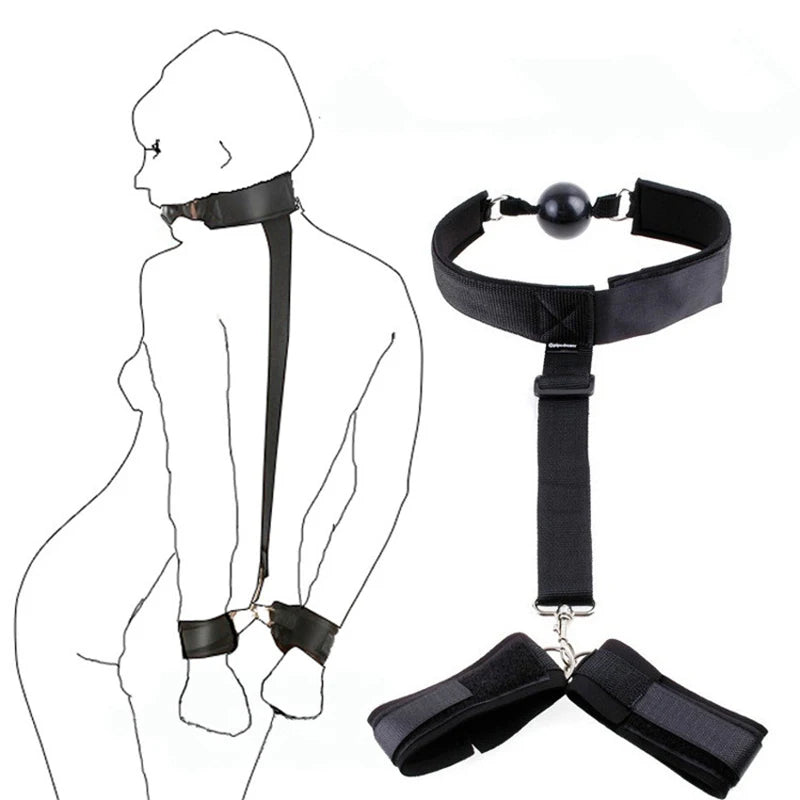 Bdsm Bondage Set Restraint Adult Game Handcuff Neck Collar Wrist Mouth Gag Strap Fetish SM Sex Toy For Woman Couples No Vibrator