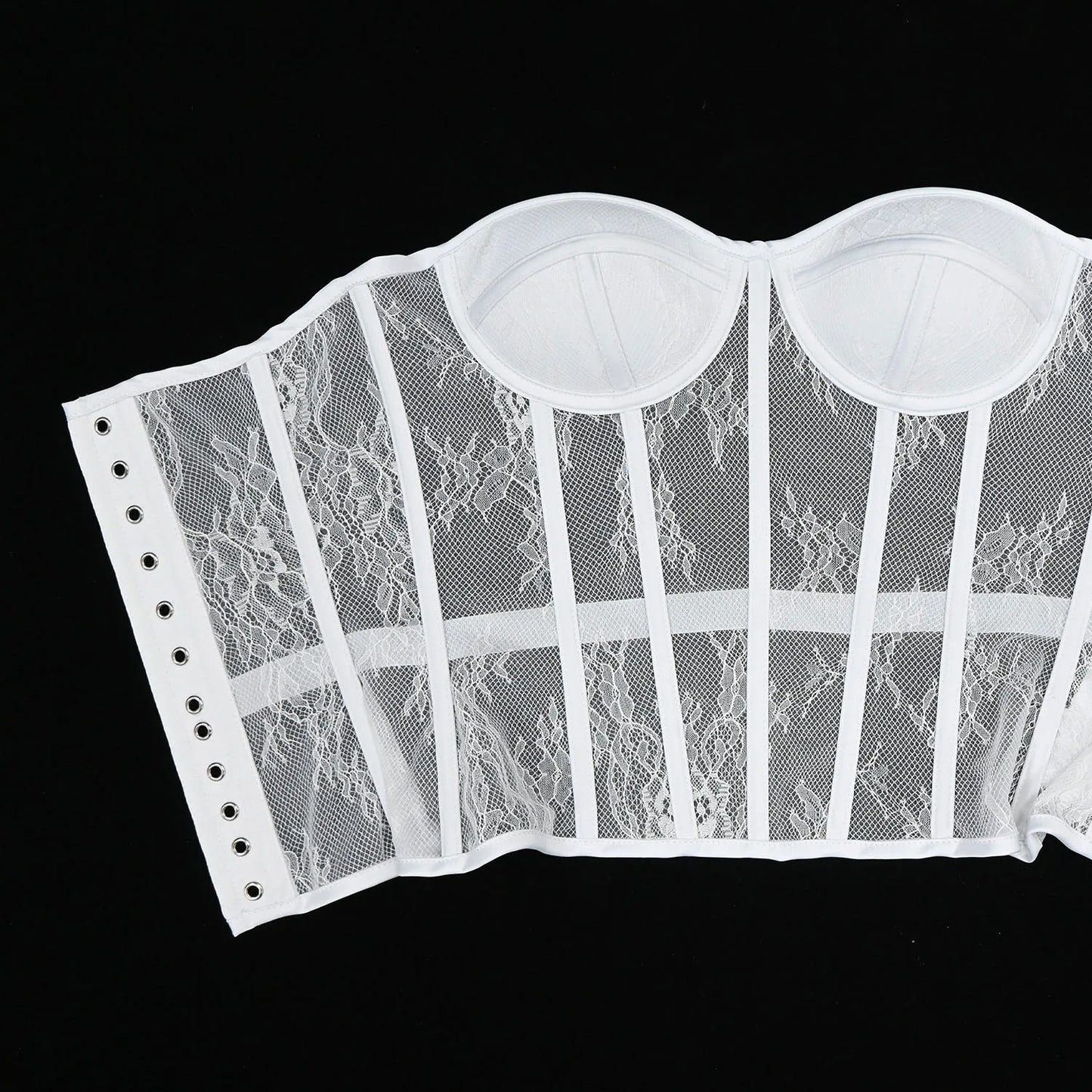 Steel Bone Korset Woman Hollow Out Strapless Lace Bra Bustier Top Mesh Women Lingerie Black White Biege Corset