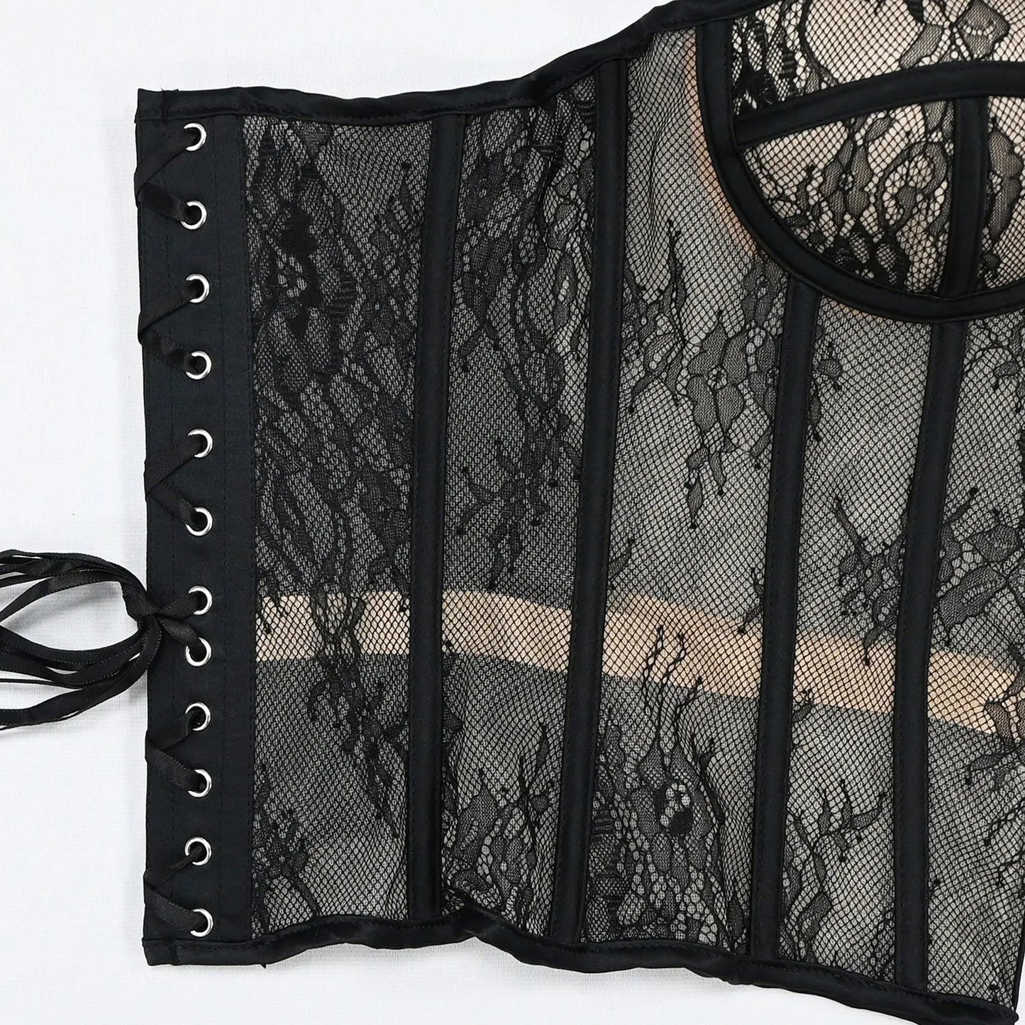 Steel Bone Korset Woman Hollow Out Strapless Lace Bra Bustier Top Mesh Women Lingerie Black White Biege Corset