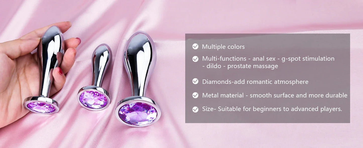 Anal Butt Plug 3Pcs Set Safety Metal Anal Butt Plug Sex Toys with Crystal Diamond Beginner Anal Toys for Adult Unisex Adult Toys