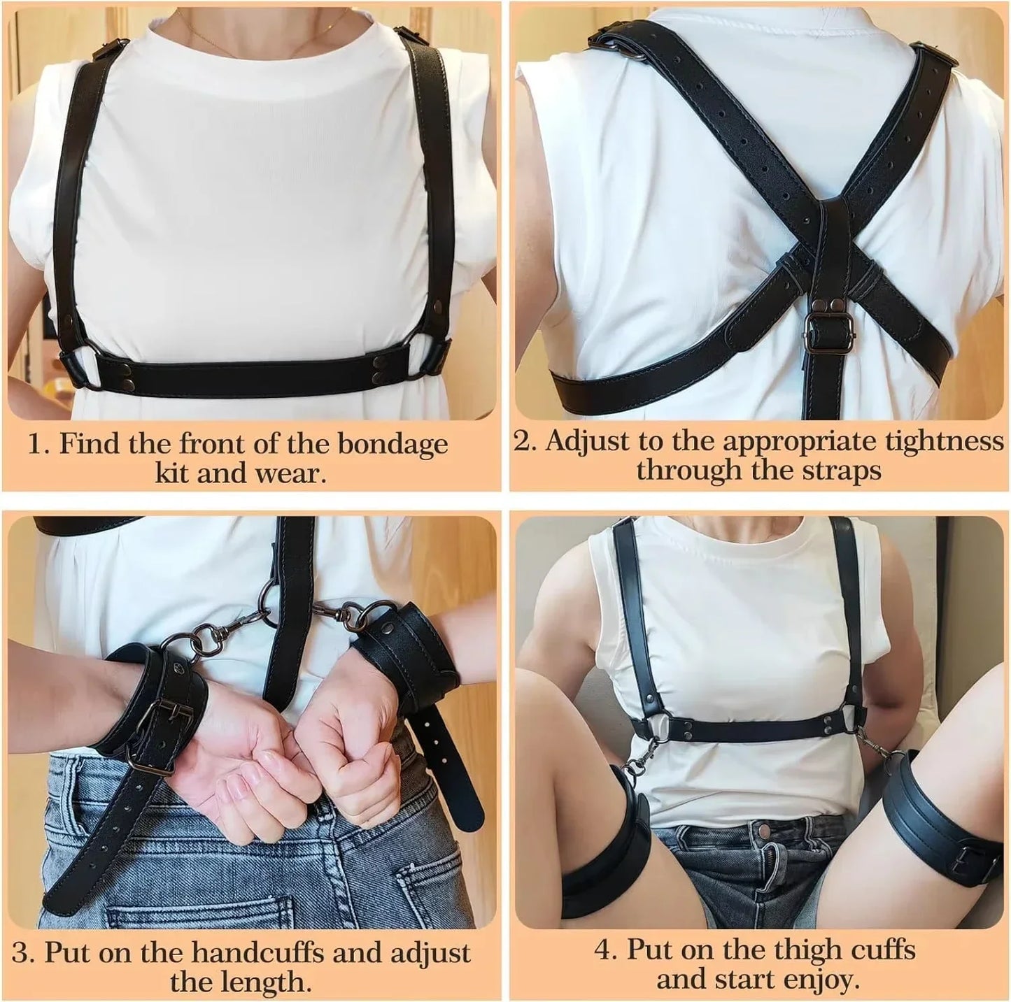 2025 NEW BDSM Sex Bondage Restraints Kit 3 in 1 Leather Thigh Sling Breasts Belt Behind Back Handcuffs Open Legs SM Slave Fetish