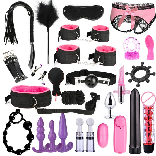 Exotic Bed Bondage Set BDSM Kits Exotic Sex Toys For Adults Games Leather Handcuffs Whip Gag Nipple Clamps Women Sex Products